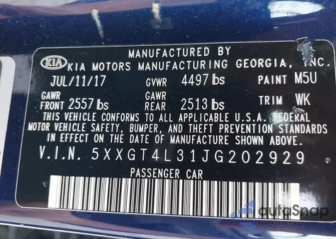 2018 Kia Optima S из США, поврежденный, VIN 5XXGT4L31JG202929